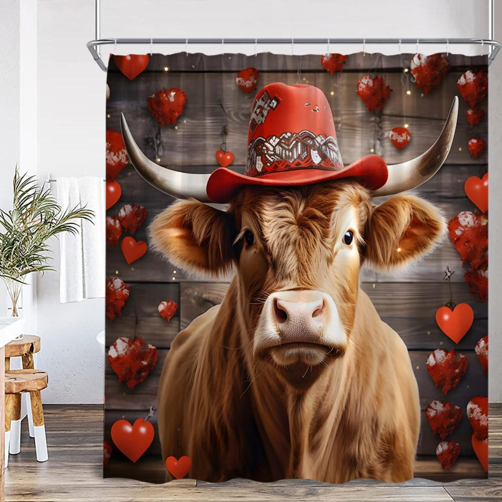 Highland Cow Farmhouse Shower Curtain Funny Farm Animal Flower Wooden Plank Bathroom Decor Vintage Polyester Fabric Bath Curtain