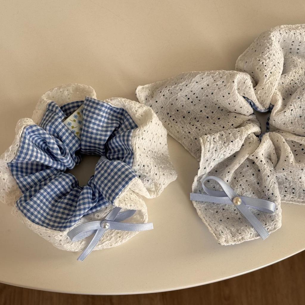 Blue Plaid Double-Sided Bow Ballet Hair Tie - Mori Style