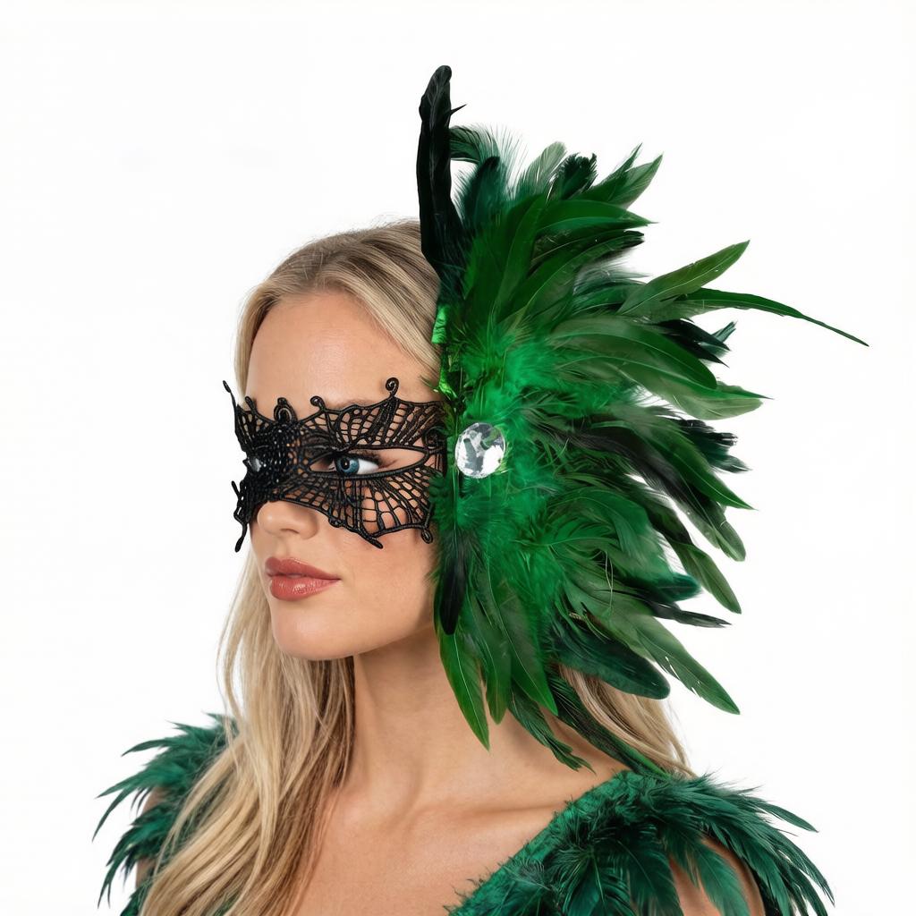 Feather Side Headpiece with Lace Eye Mask for Carnival Parade Masquerade Ball Mardi Gras Party Samba Dance Costume Outfit