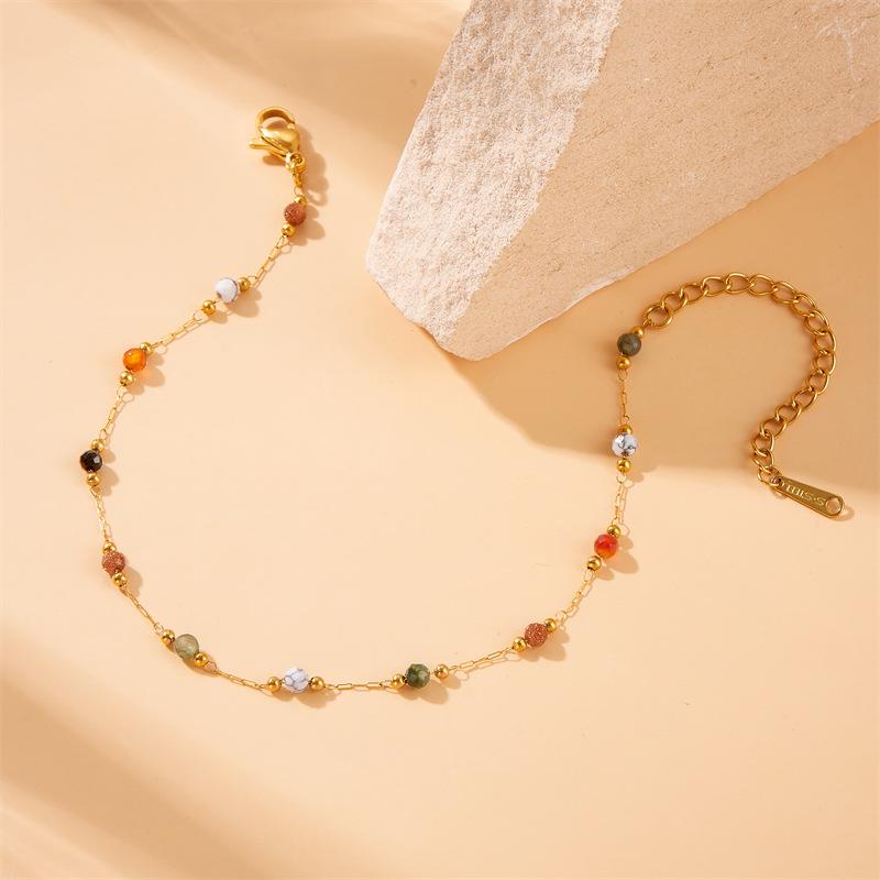 Gold Stainless Steel Natural Colored Beads Bracelet Womens New Style Concise Trend Non-fading Golden Hand Zircon Gift