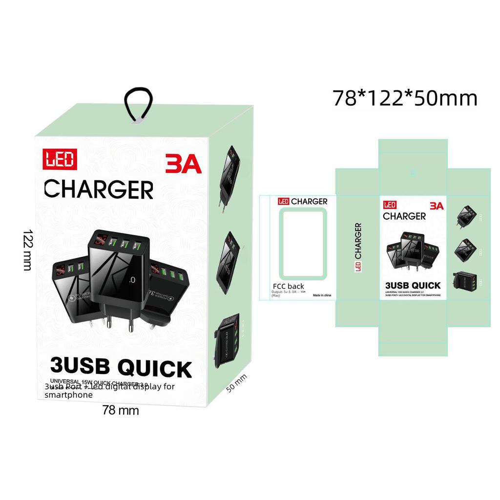3 USB Digital Display Charger with Screen for EU, US, and UK Mobile Phones