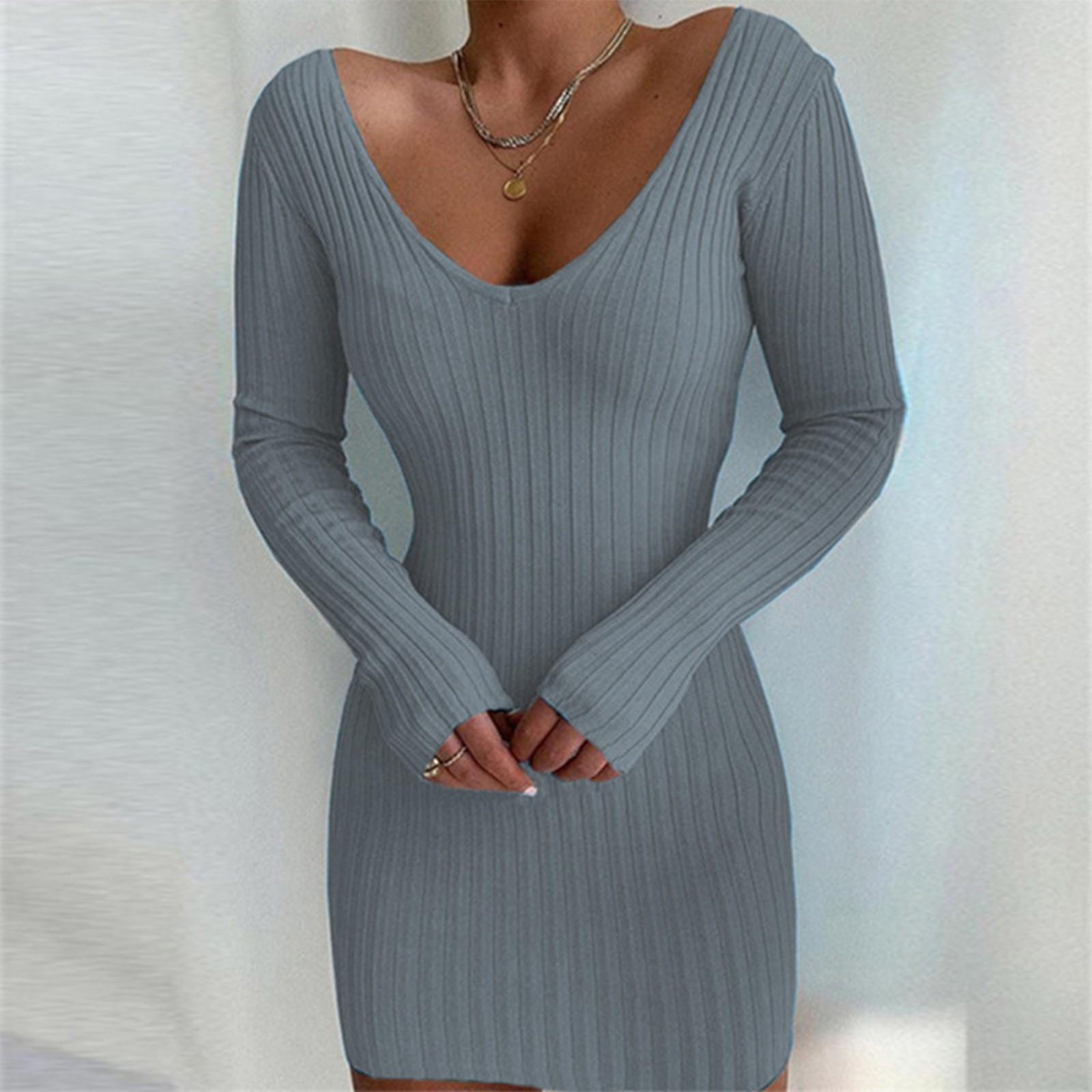 

Женский осенне-зимний вязаный свитер с длинным рукавом и v-образным вырезом, тонкий однотонный пуловер, свитер средней длины S серый