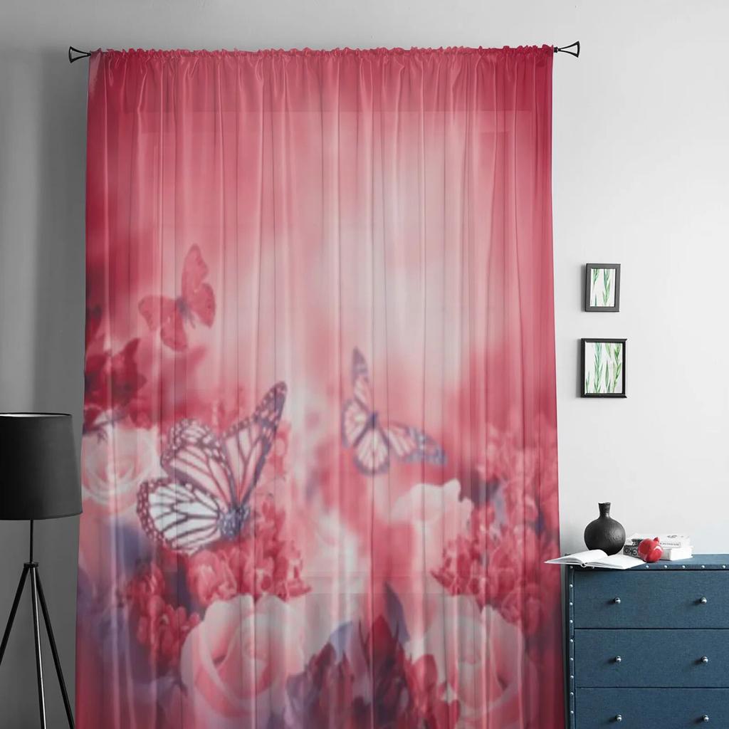 Yellow Roses Red Tulle Sheer Curtains for Living Room Decoration Curtain for the Room Bedroom Kitchen Voile Organza Curtains