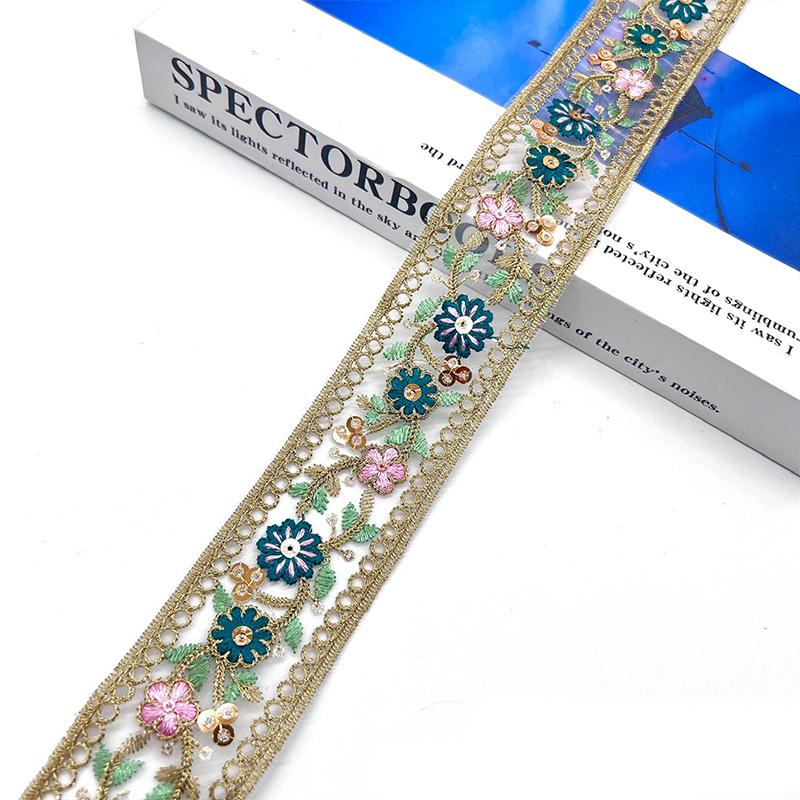 5yards 4cm Embroidered Flower Ribbon, Ethnic Lace Trimming for DIY Sewing Clothes, Bag Accessories Curtain/Tablecloth Decor