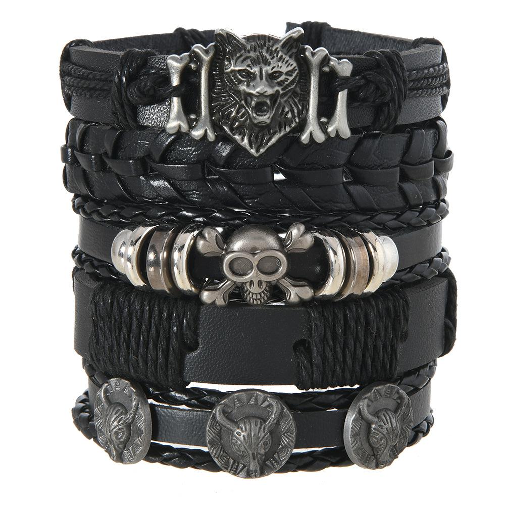 Men's Punk Skull Leather Bracelet Set Multi-Layer Gothic Rock Chain Bracelets Pentagram Charm Hip Hop Streetwear Badge Jewelry Accessories for Him