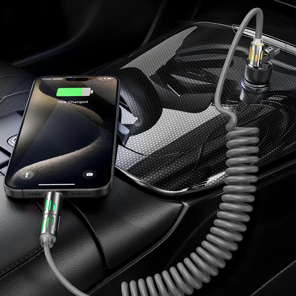 240W Coiled 4 In 1 Fast Charging Cable,USB A/C To USB C/L,Multi Functiona Retractable Cord for iPhone 17/16,Samsung Galaxy S25