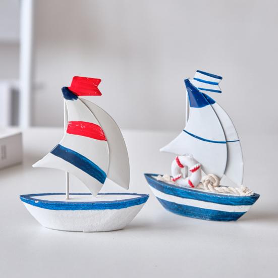 Sailboat Ornament, Wooden Iron Desktop Figure, Small Nautical Tabletop Decoration, Blue White Striped Lifebuoy Starfish Marine Style Ornament