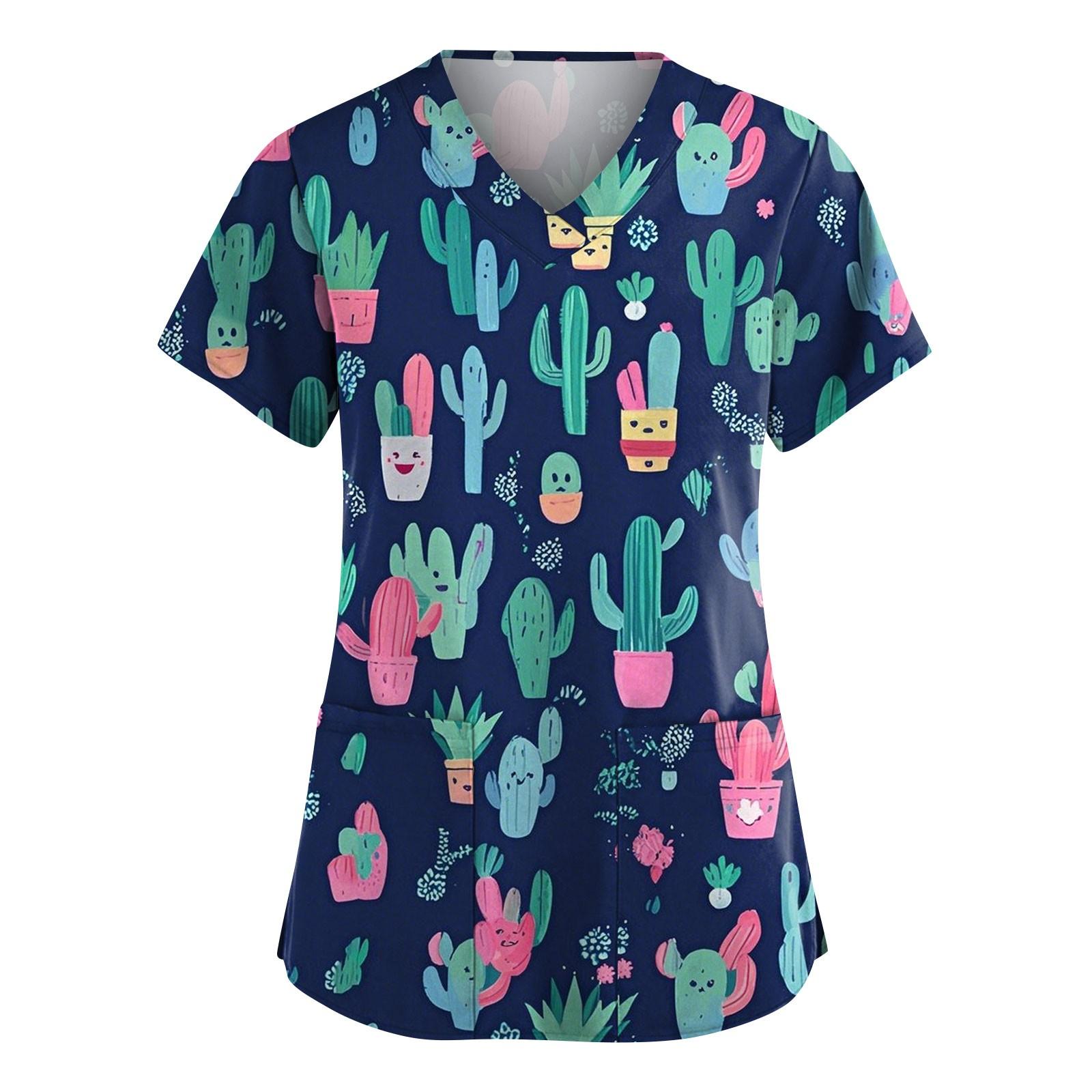 

Женская мода с коротким рукавом и милым принтом кактуса, V-образным вырезом и карманом, рабочая одежда, топ S