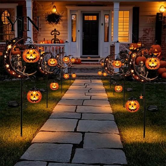 Holiday Seasonal Lawn Decor Solar Halloween White Ghost Pumpkin Moon Garden Stake Light, Waterproof LED Creative Gifts for Home Yard Decoration,