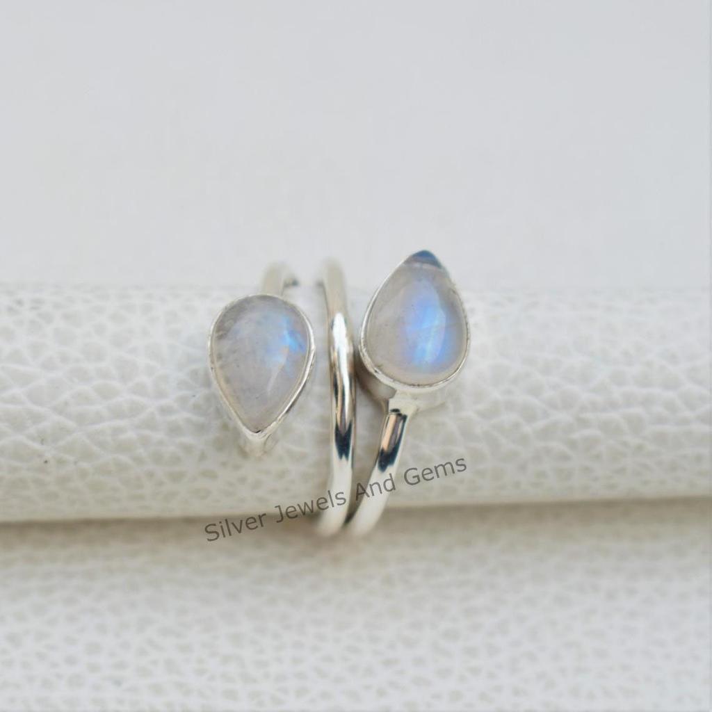 Natural Moonstone Ring, Handmade Ring, 925 Sterling Silver Ring, Teardrop Two Gemstone Ring, Gift for Her, Birthday Ring