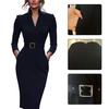 שמלת עבודה עסקית מקצועית לנשים שרוול ארוך כנסייה מורה שמלת נדן עיפרון צווארון וי מידי צמודה לגוף שמלת חליפה עם חגורה