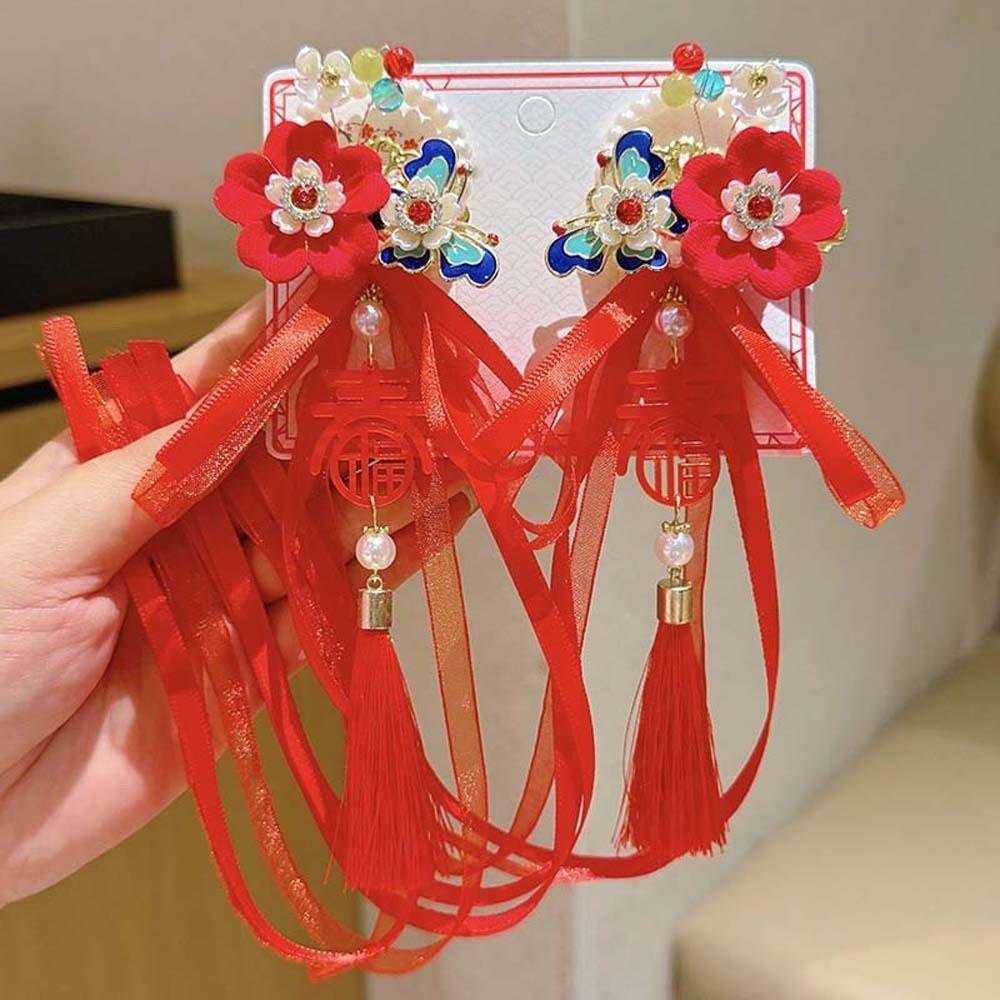 2pcs Bow New Year Ribbon Barrettes Lion Embroidered Bow Headwear Ancient Style Hair Clip Winter