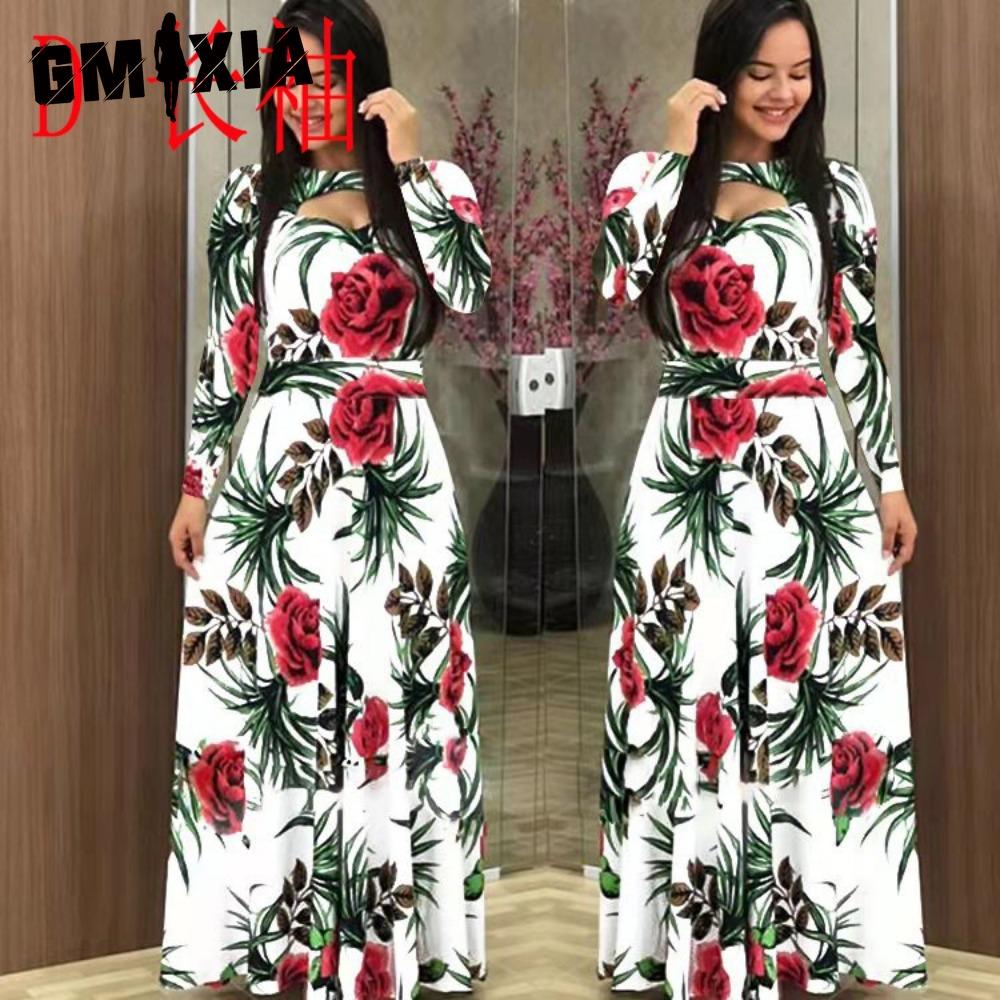 

GMXIA Bohemian Floral Print Long Sleeve Dress Women Spring Autumn Long Dresses Round Collar Big Swing XXXXXL
