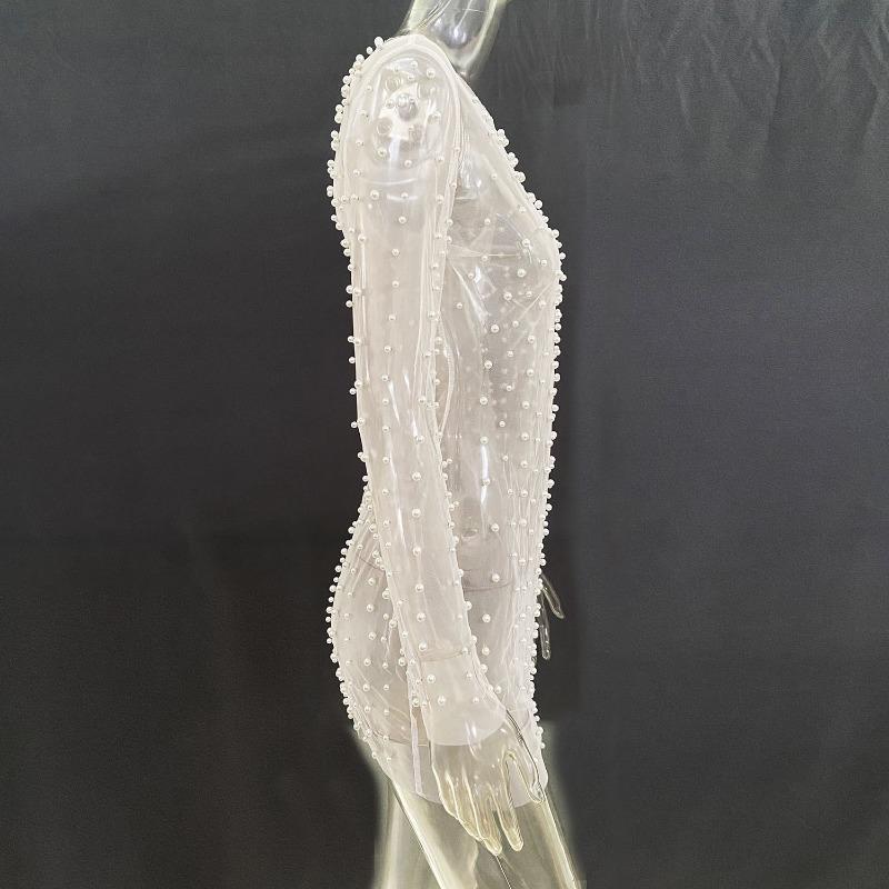 Spring and Summer Women's Size Bubble Beads See-through Mesh Dresses