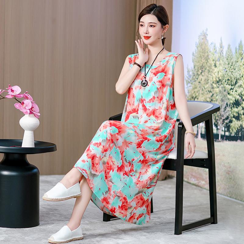 Abito lungo da donna taglie forti Abito estivo casual elegante senza maniche con stampa vintage per donna