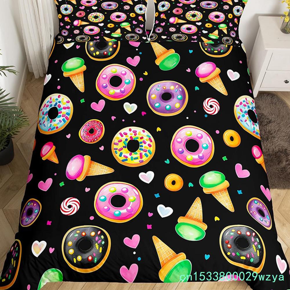 Donuts Bedding Duvet Cover Chocolate Doughnut Bedding Set Black White Comforter Cover Microfiber Whimsical Dessert Quilt Cover