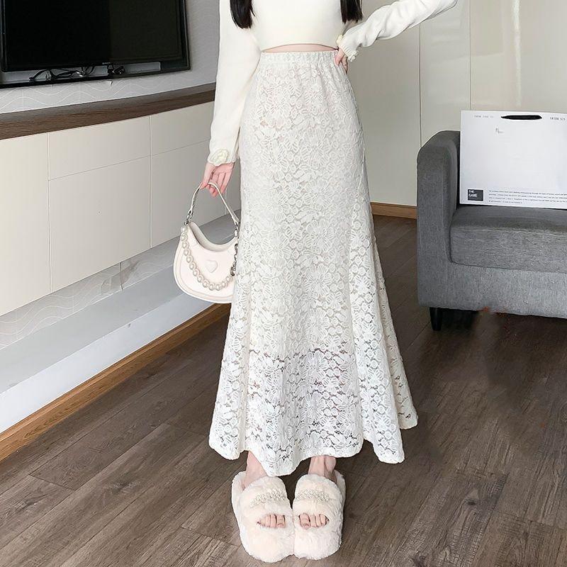 Fusta cu coadă de pește din dantelă pentru femei, cu talie înaltă, fustă subțire, cu șold, toamnă, primăvară, elegante, fuste lungi