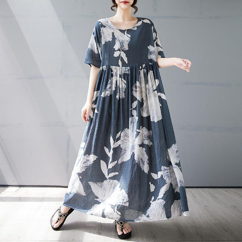 Sommer neues einfaches böhmisches langes Kleid gefettetes und vergrößertes kurzärmeliges Rundhals-Druckkleid Damenbekleidung