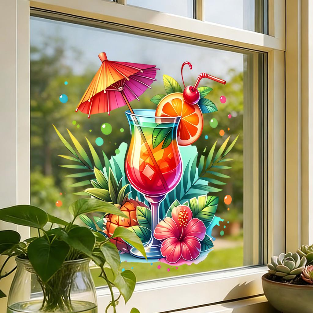 Creative Tropical Cocktail Static Cling Wall Sticker Self Adhesive Removable for Kitchen Bathroom Home Decor
