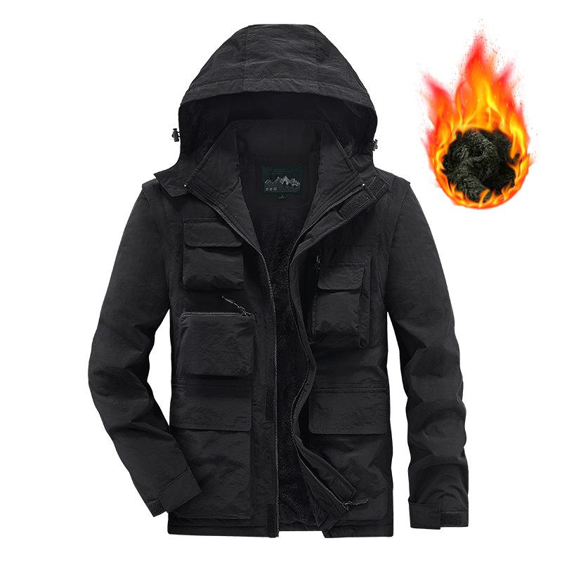 Winter Velvet Thickened Multi-pocket Cotton-padded Jacket Casual Detachable Sleeve Tooling Cotton-padded Jacket