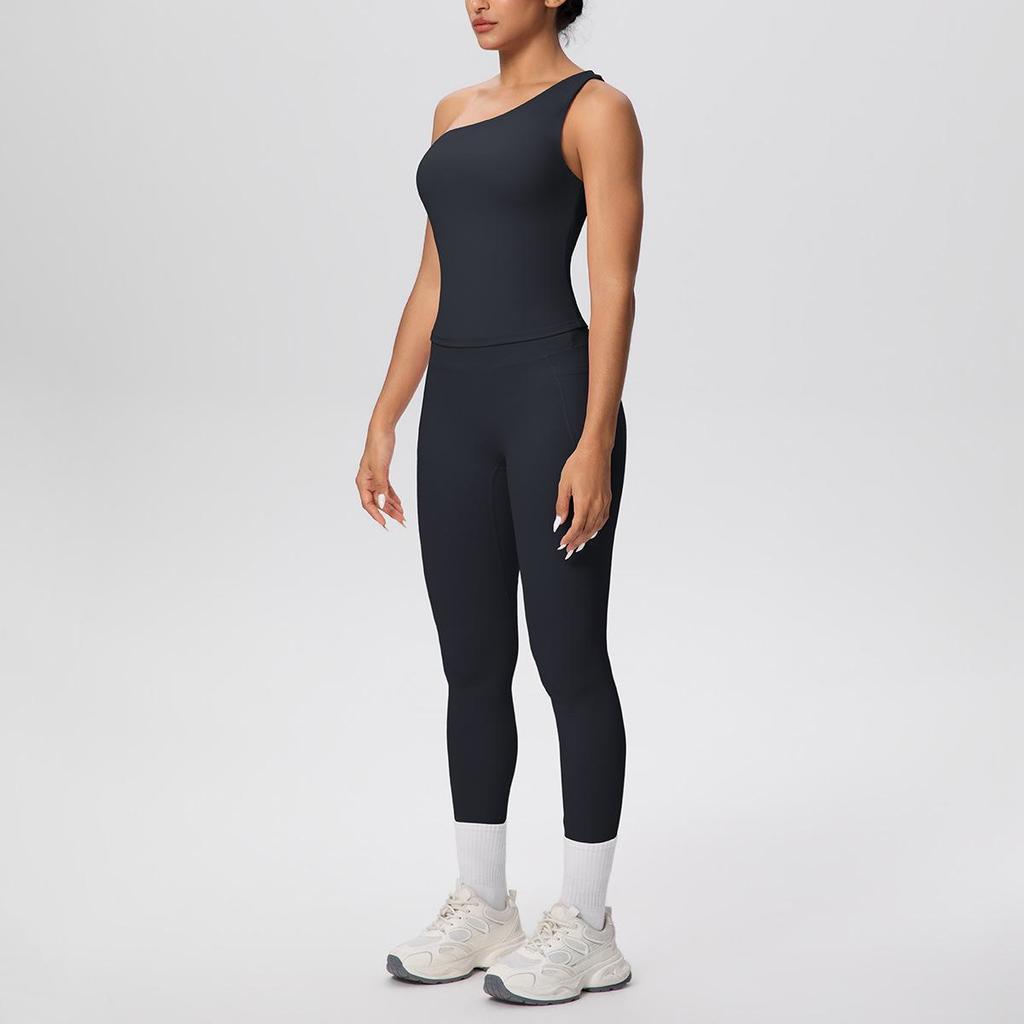 European & American Solid Color One-Shoulder Sports Vest & High-Waisted Pocket Yoga Pants Fitness Set for Women