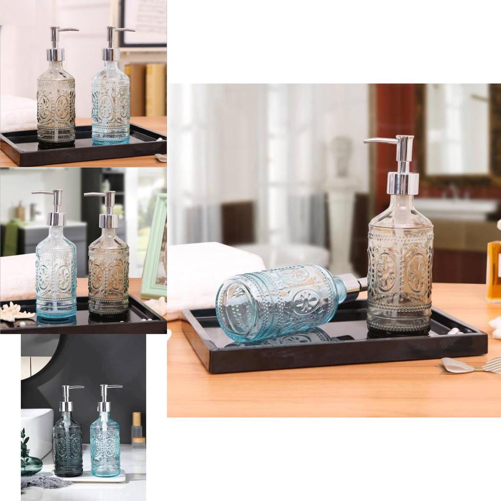 Stylish Blue And Gray Glass Soap Dispenser 420ml Square Bottle For Lotion And Liquid Soap