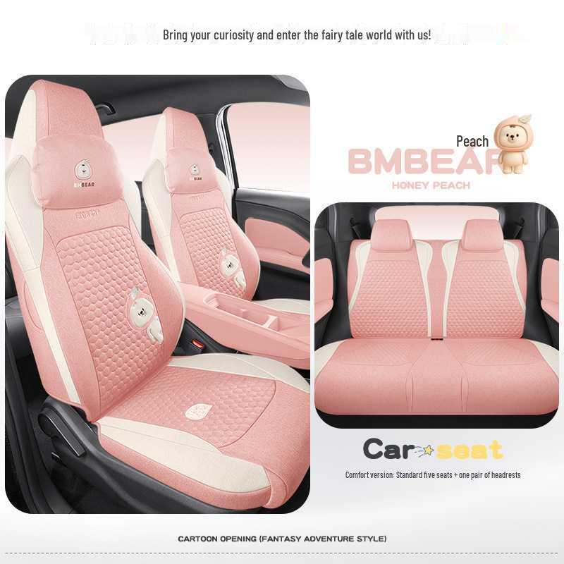 BYD Seagull Cotton & Linen Car Seat Cushions - Full-Coverage, Breathable, Cute Cartoon Design, Perfect for Women, All Seasons.