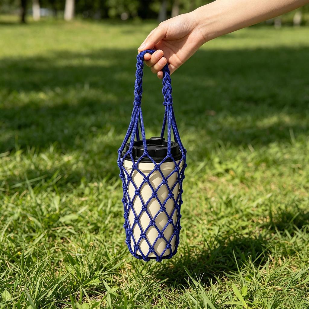 Crochet Mesh Water Bottle Carrier Bag, Handmade Cup Sleeve Purse, Portable Holder for Travel Camping Hiking Beach & Picnic