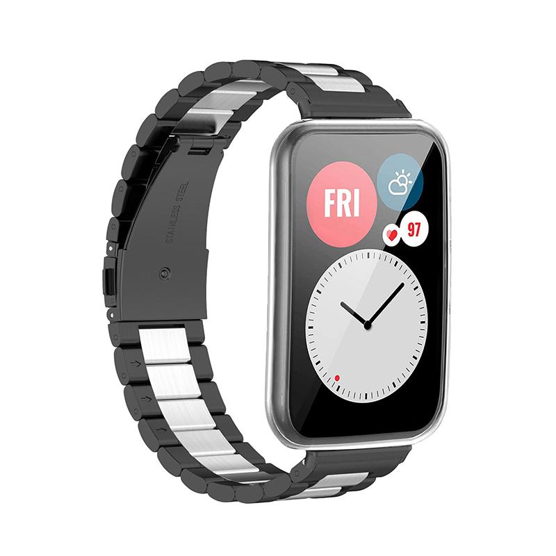 

Stainless Steel Watch Strap for Huawei Watch Fit 2,Folding Buckle Three Beads Replacement Wrist Band Black/Silver/Black