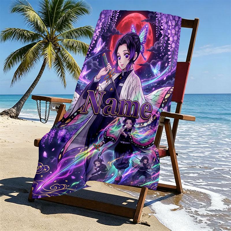 Custom Name Personalized Demon Slayer Anime Print Beach Towel, for Trip Camping Beach Party Home Decor, Birthday Gift for Family & Friends