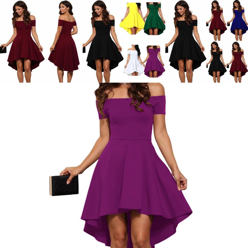 Elegant Women Short Sleeve Off Shoulder High Low Skater Cocktail Formal Dress