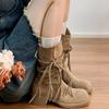 Buty rycerskie z frędzlami Wasteland: Jesień 2025 Botki Kowbojskie z Miękkiego Zamszu na Grubym Obcasie do Połowy Łydki z Wycięciem w Serek