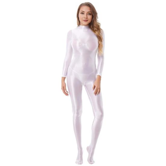 Lady Glossy Bodystocking Stretchy Sexy Full Bodysuit Long Sleeve Jumpsuit with Zipper Shiny Smooth Leotard Catsuit for Dance Practice Club Pole Dance