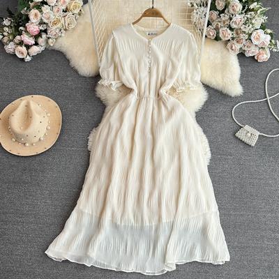 Summer Vintage Long Dress For Women Puff Short Sleeve Elegant Slim Black Maxi Dresses Pink Khaki Green White