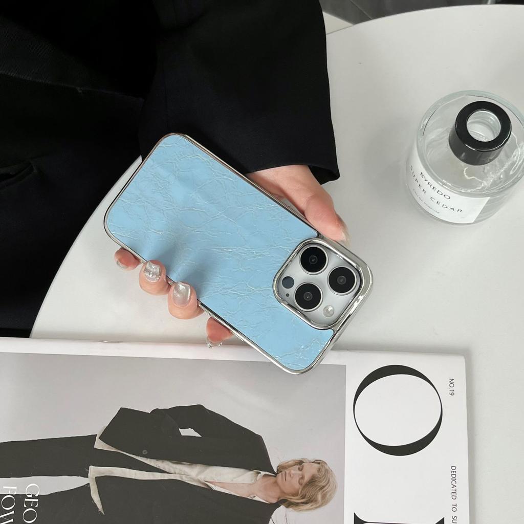 16 Glossy Leather Pattern Electroplating Frame Mobile Phone Case Is Suitable for Apple 15PROMAX Creative 14 Trend 13 Large Holes 12 Stickers
