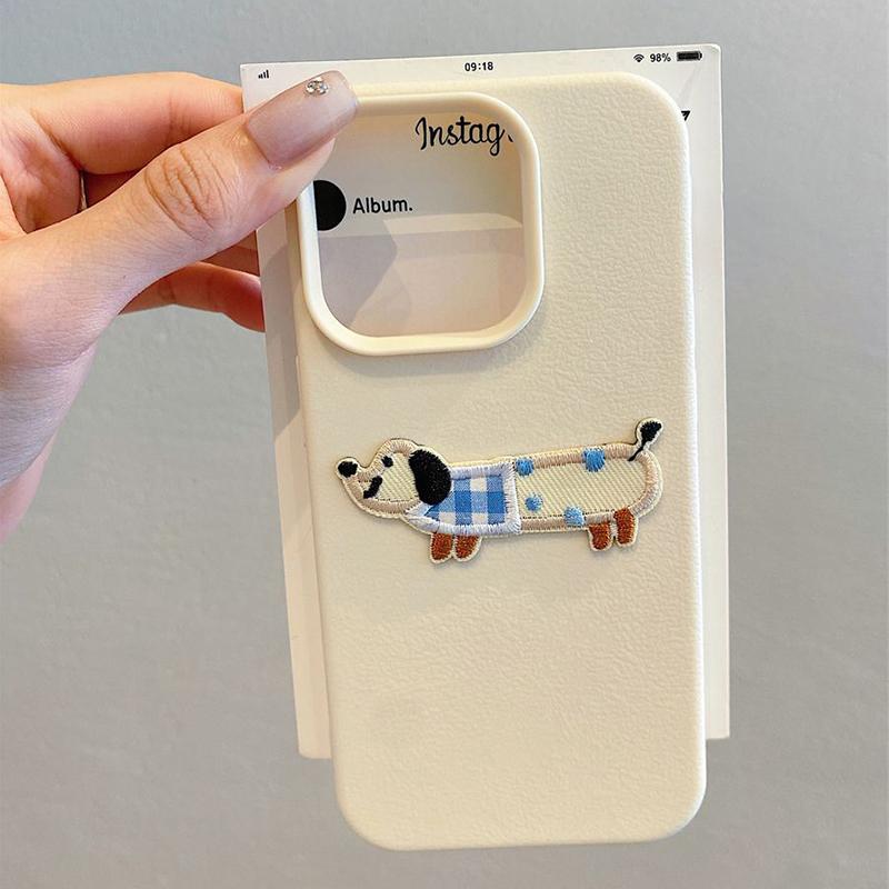 Korean Cute 3D Cartoon Embroidery Dog Lanyard Rope Phone Case For iPhone 17 16 15 14 13 11 12 Pro Max 16 Plus Funny Puppy Cover
