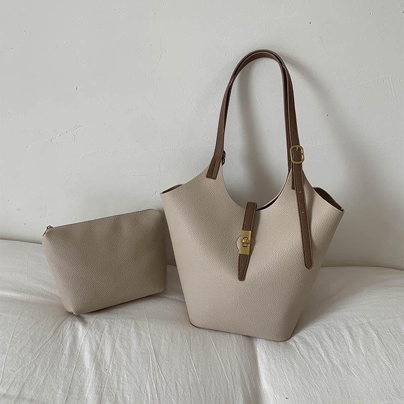 

Vintage Bucket Shoulder Tote Bag Set For Women 2-IN-1 Large Capacity Shopper Bag With Small Pouch Luxury Designer Handbags 39x11x25cm