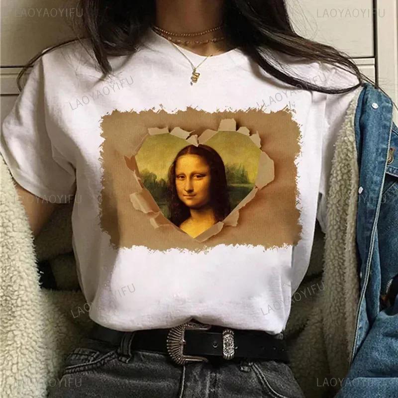 Vintage Humor Mona Lisa Print Women Fashion Top Funny Rose Mona Lisa T-Shirt Classic Camise Breathable Short-sleev
