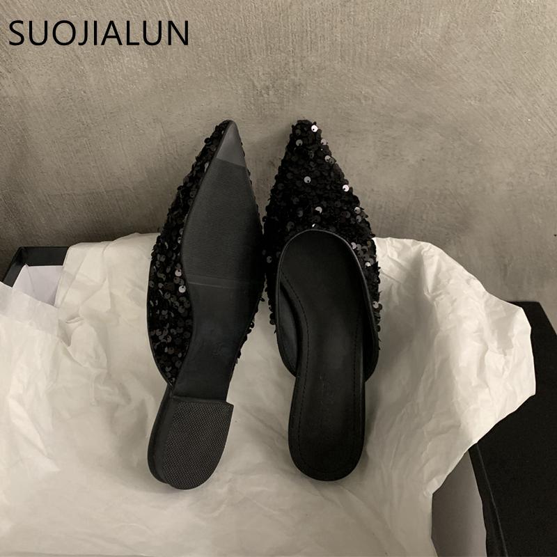 Fashion SUOJIALUN 2024 Spring New Women Slipper Fashion Bling Shallow Slip On Mules Shoes Pointed Toe Flat Heel Outdoor Dress Sandal Sho