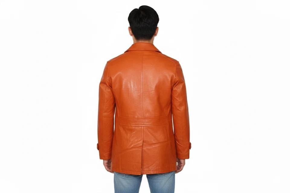 Stilvoller oranger Herren-Trenchcoat Handgefertigt Echtes Lammleder Passform Party Modisch