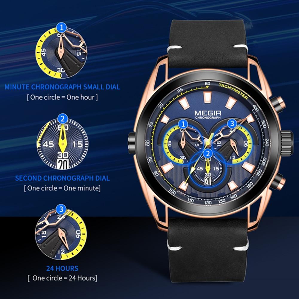 Megir Rose Black Luxury Chronograph Men Watches with Leather Strap