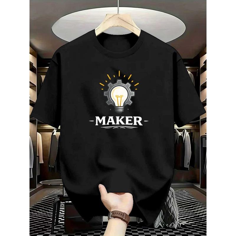 European sizes Maker Retro Style "Maker" Printed Men's T-Shirt, Summer Breathable Short-Sleeve, Regular-Fit Daily Casual Machine-Washable