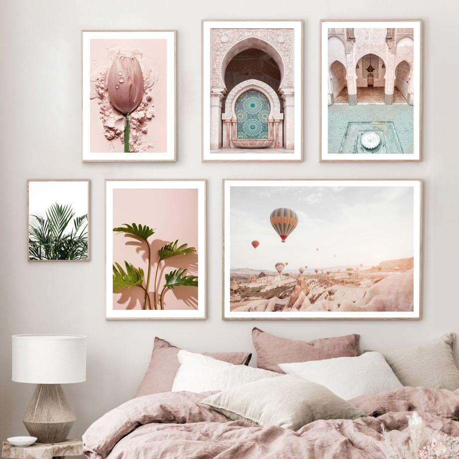 Affiches de porte marocaine avec ballon à Air chaud, fleur, Monstera, imprimés, peinture sur toile, images d'art mural nordique pour décor de salon