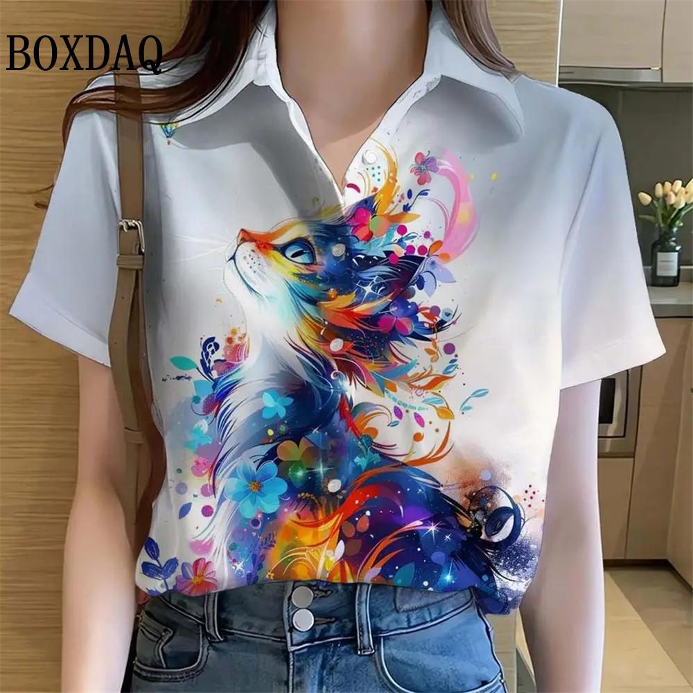 Womens Shirts Artistic Cute Cat Printed Casual Hawaiian Short Sleeve Button Beach Shirt Summer New Blouse Women's Clothes 2025