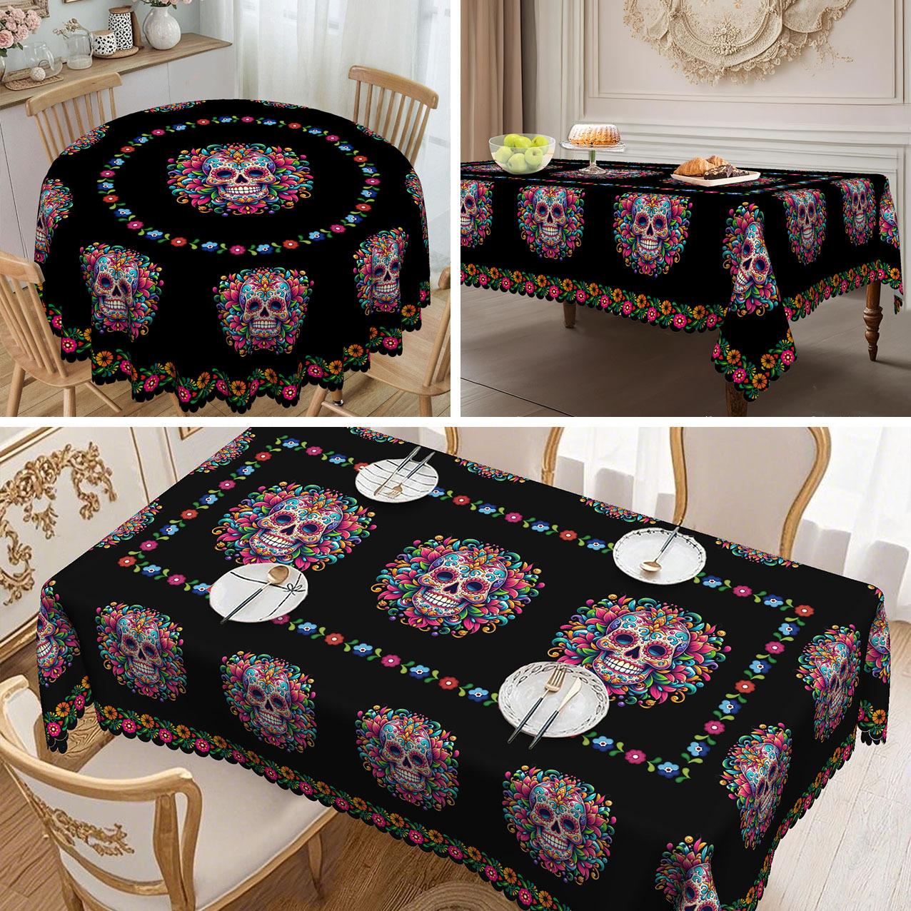 1 Piece, Halloween Colorful Skull Round Tablecloth With Bright Flowers And Skull Designs On A Black Background round tablecloth-152x152cm