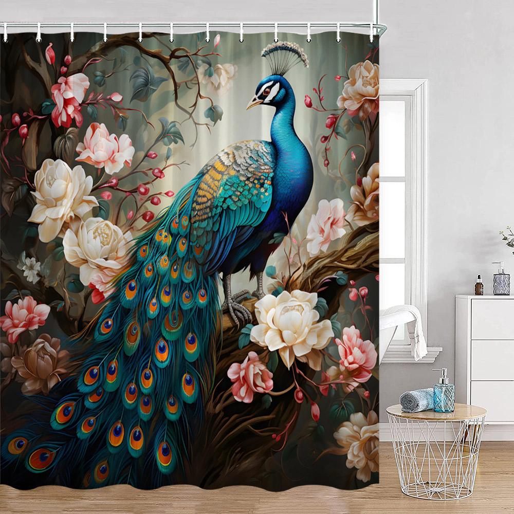 Peacock Shower Curtain Modern Oil Paniting Animals Flowers Plants Floral Bathroom Decor Elegant Fabric Bath Curtains with Hooks