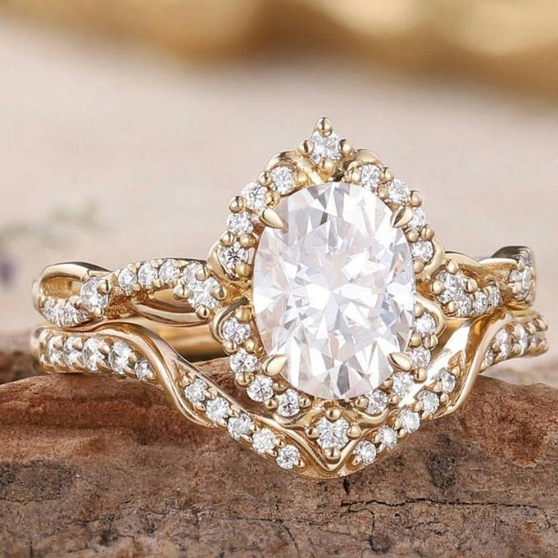 Attractive Gold Color Inlaid with White Stone Rings Set Round Flower Party Engagement Wedding Rings for Women Jewelry