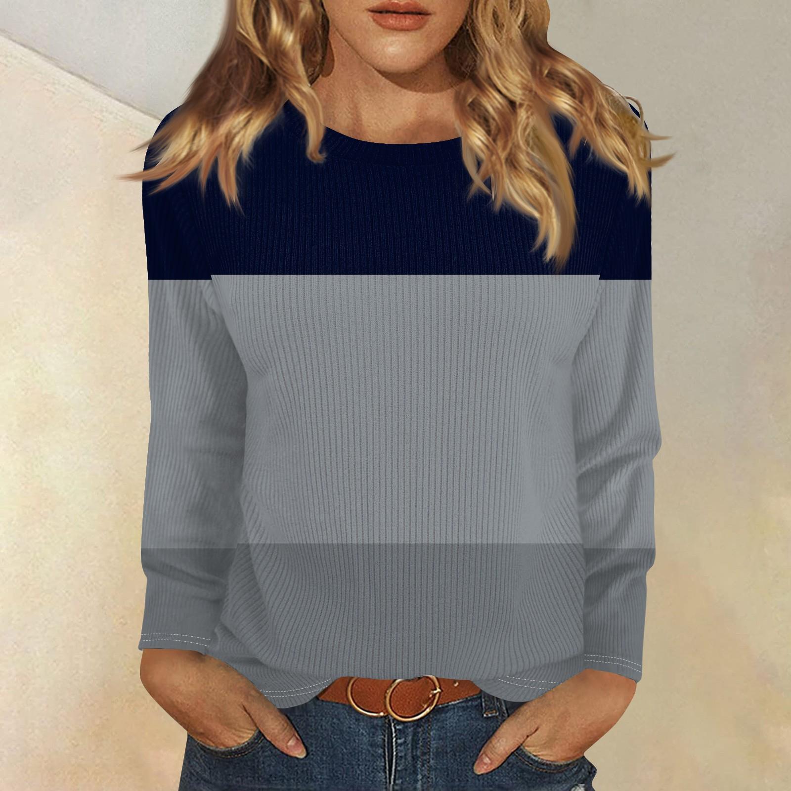 

Длинные рукава топы для женщин футболка повседневные принты топы футболка круглый вырез пуловер блузка S тёмно-синий