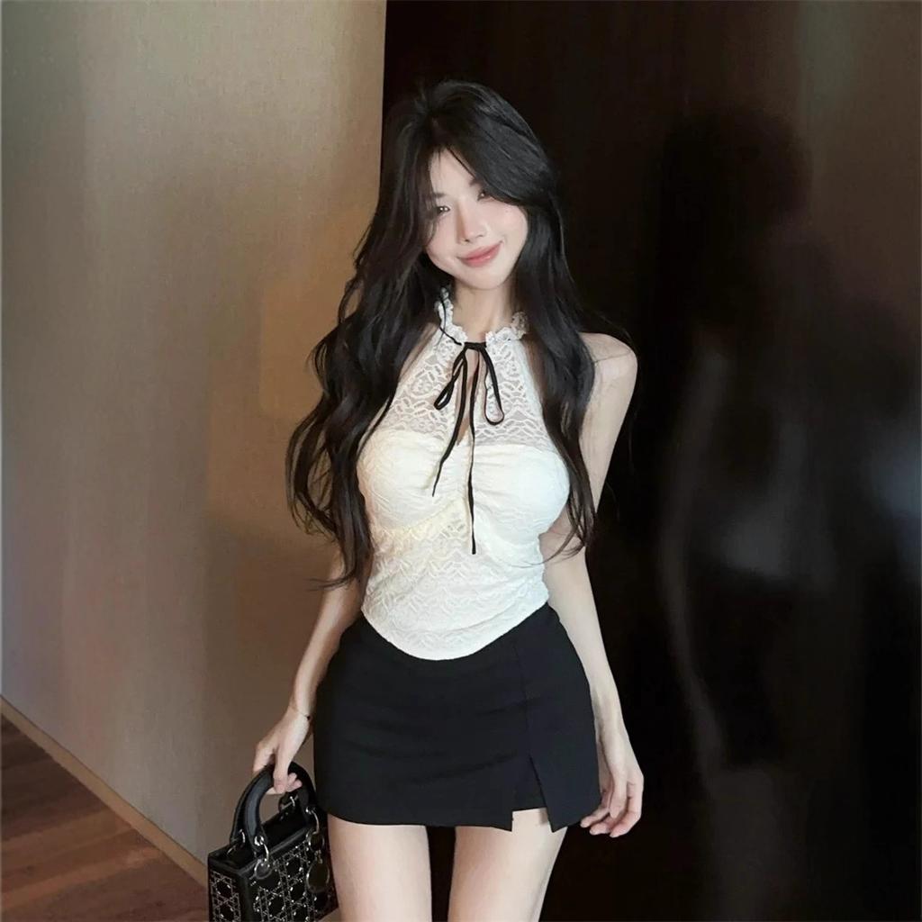 Spring and summer French pure desire wind neck lace tube top female design feeling super good-looking beautiful back slim fit beautiful top