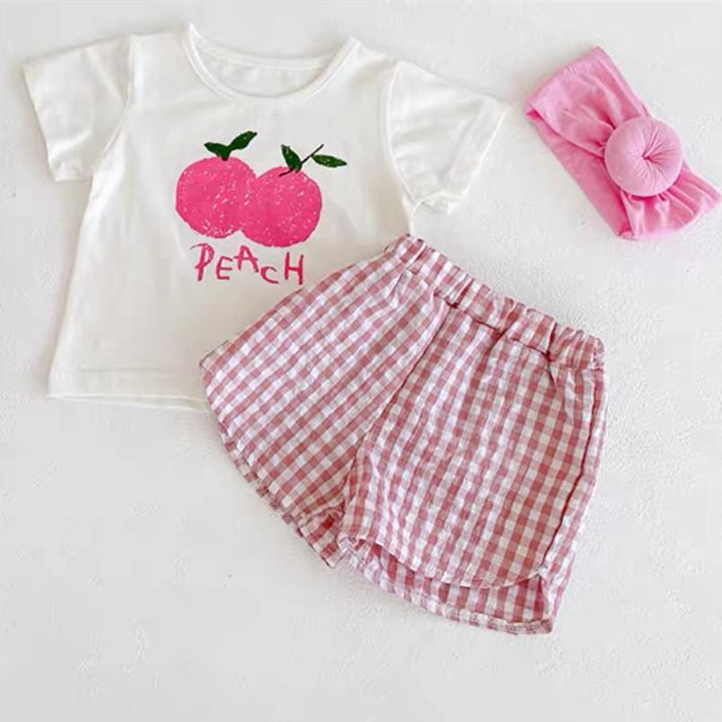 Mode 2-teiliges Baby Mädchen Kurzarm Anzug Frucht Print Sets Kinder T-Shirts + Shorts Karomuster Kleidung Kleinkind Prinzessin Mädchen Outfits